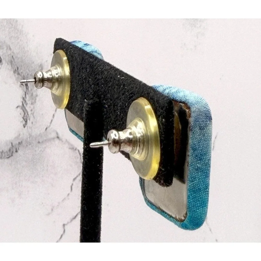 Blue Fabric Statement Stud Earrings‎ Square Textile Boho 1